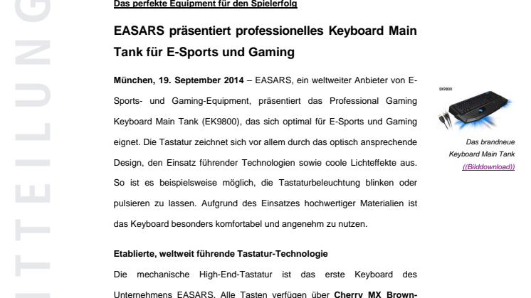 EASARS präsentiert professionelles Keyboard Main Tank für E-Sports und Gaming