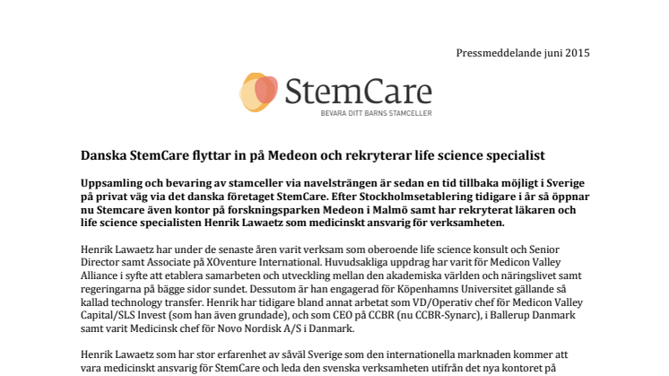 Danska StemCare flyttar in på Medeon och rekryterar life science specialist