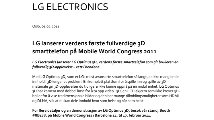 LG lanserer verdens første fullverdige 3D smarttelefon på Mobile World Congress 2011