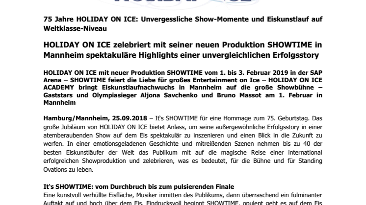 HOLIDAY ON ICE zelebriert mit seiner neuen Produktion SHOWTIME in Mannheim spektakuläre Highlights einer unvergleichlichen Erfolgsstory