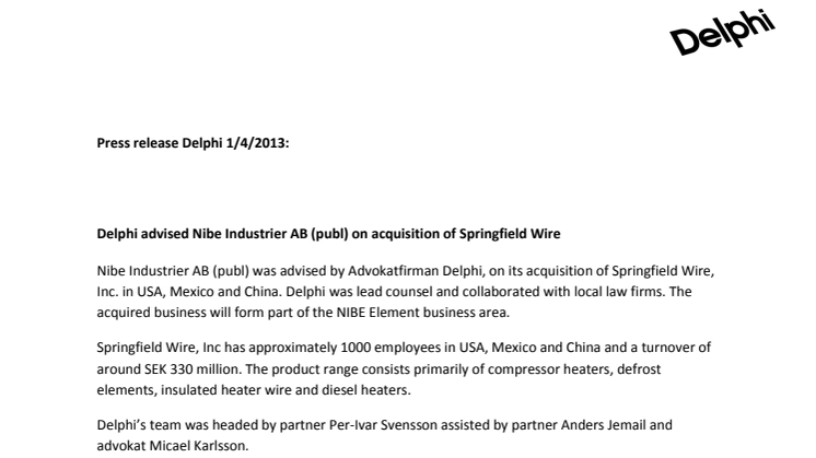Delphi advised Nibe Industrier AB (publ) on acquisition of Springfield Wire