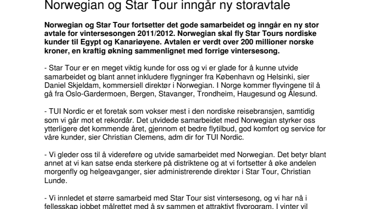 Norwegian og Star Tour inngår ny storavtale 