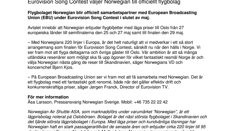 Eurovision Song Contest väljer Norwegian till officiellt flygbolag 