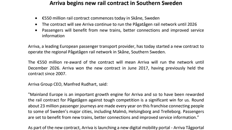 Arriva begins new rail contract in Southern Sweden