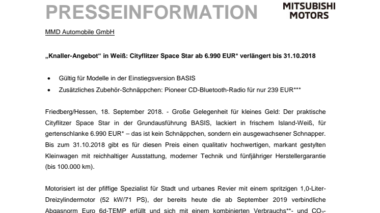 „Knaller-Angebot“ in Weiß: Cityflitzer Space Star ab 6.990 EUR* verlängert bis 31.10.2018