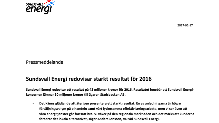 Sundsvall Energi redovisar starkt resultat för 2016