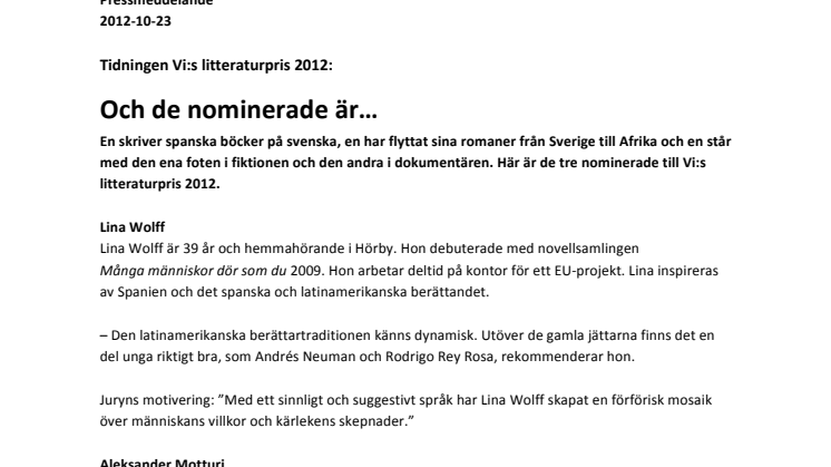 Tidningen Vi:s litteraturpris 2012: Och de nominerade är… 