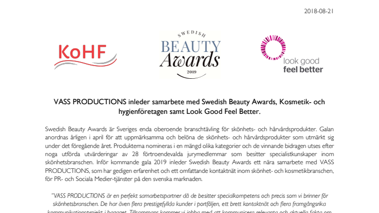 VASS PRODUCTIONS inleder samarbete med Swedish Beauty Awards, Kosmetik- och hygienföretagen samt Look Good Feel Better