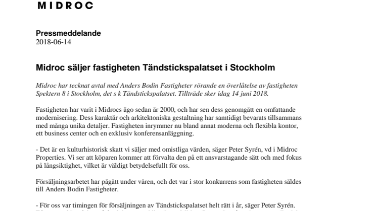 Midroc säljer fastigheten Tändstickspalatset i Stockholm
