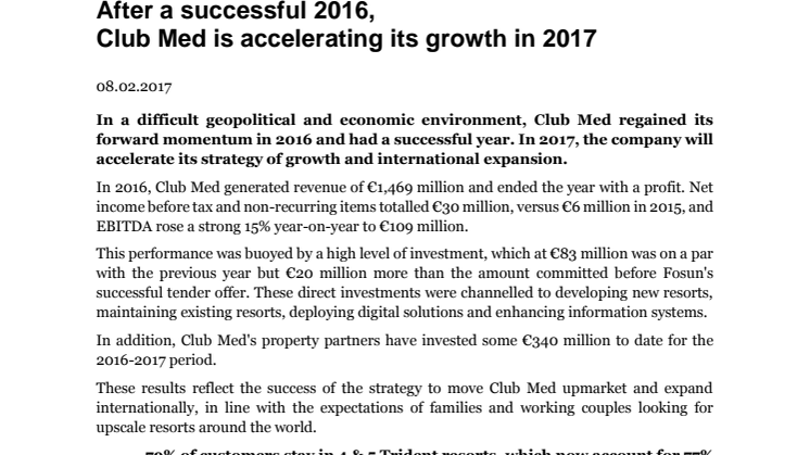 After a successful 2016,  Club Med is accelerating its growth in 2017