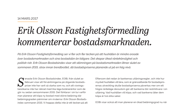 Erik Olsson Fastighetsförmedling kommenterar bostadsmarknaden 14 mars 2017