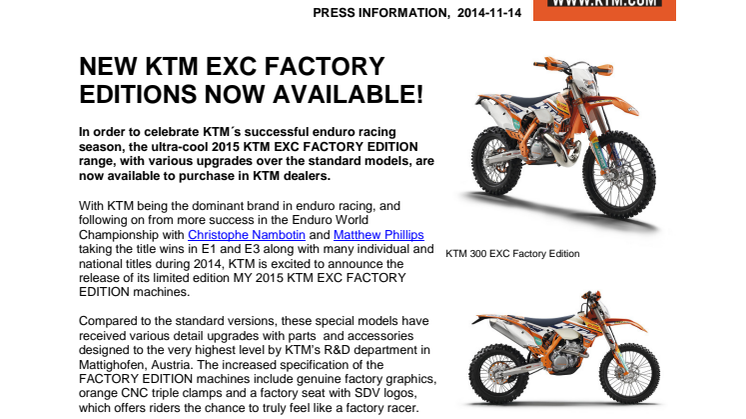 NEW KTM EXC FACTORY EDITIONS NOW AVAILABLE!