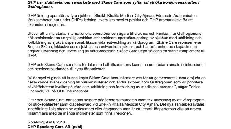 ​GHP sluter samarbetsavtal med Skåne Care