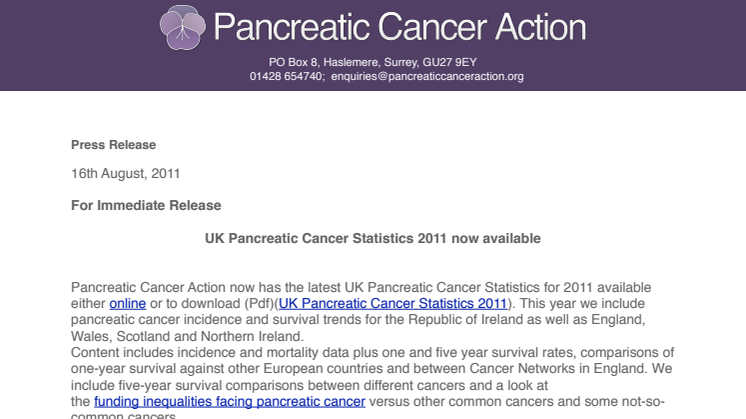  UK Pancreatic Cancer Statistics 2011 available from Pancreatic Cancer Action