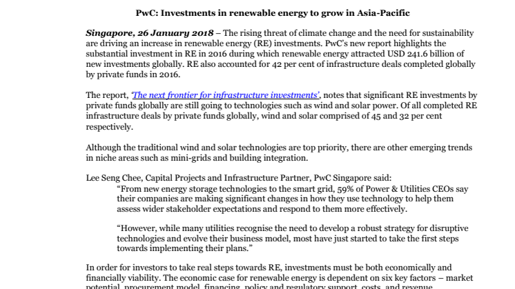 PwC: Investments in renewable energy to grow in Asia-Pacific