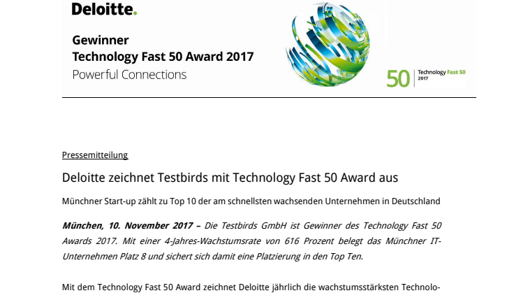 Deloitte zeichnet Testbirds mit Technology Fast 50 Award aus
