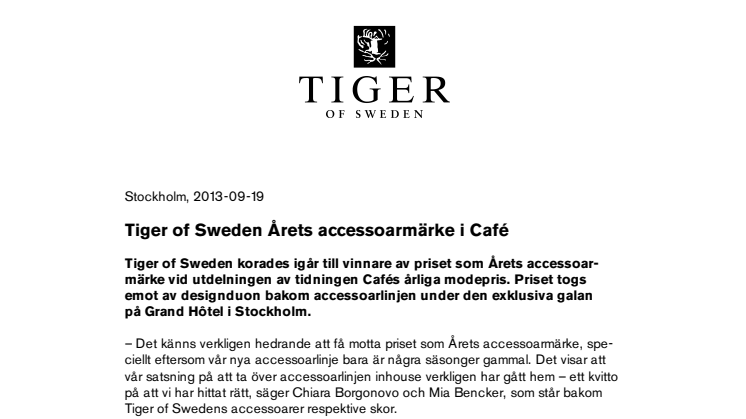 Tiger of Sweden Årets accessoarmärke i Café