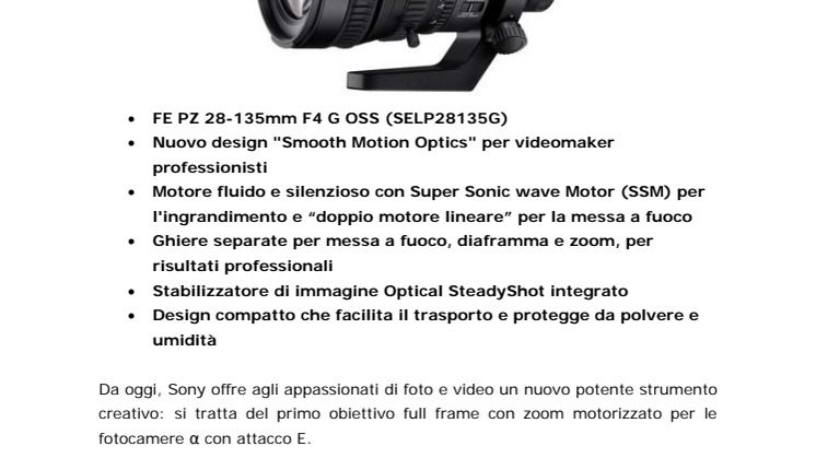 Sony lancia il primo obiettivo full frame da 35mm con zoom motorizzato*