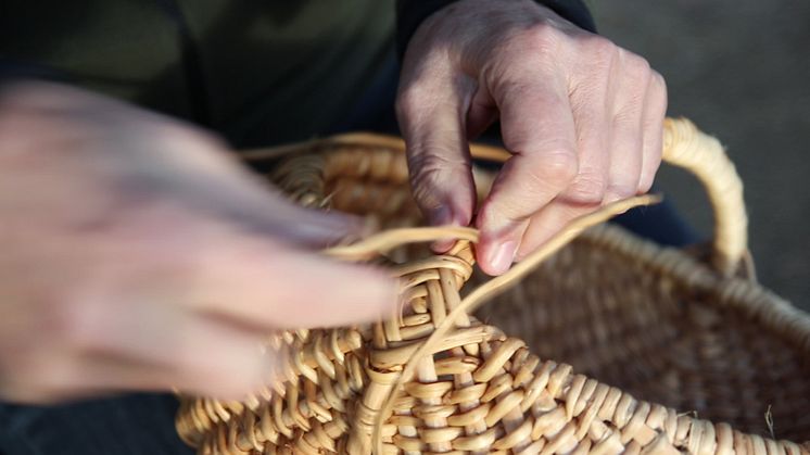 Slöjdaren Erna-Lill Linden flätar en korg enligt traditionell teknik. 