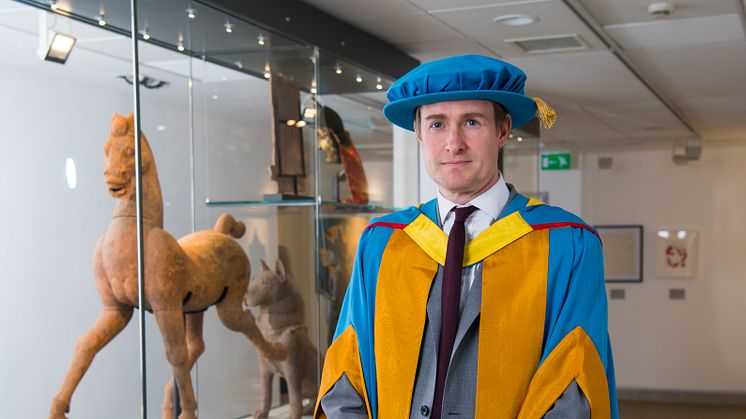 Dr Tristram Hunt in the Woon Gallery of Asian Art at Northumbria