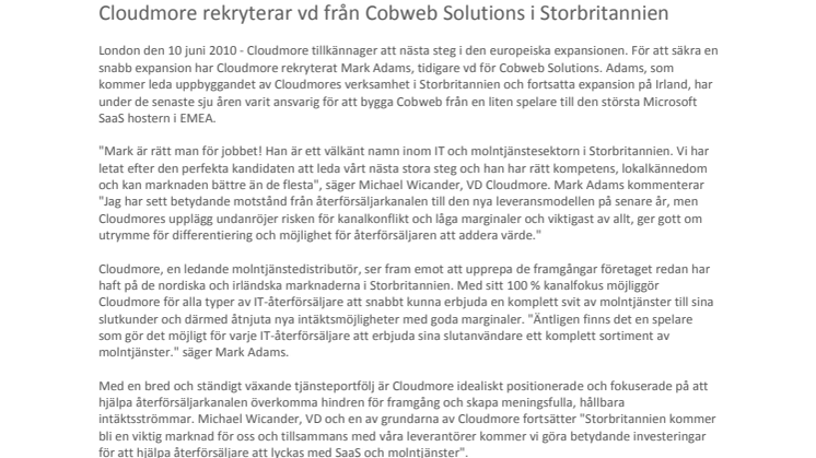 Cloudmore rekryterar vd från Cobweb Solutions i Storbritannien   