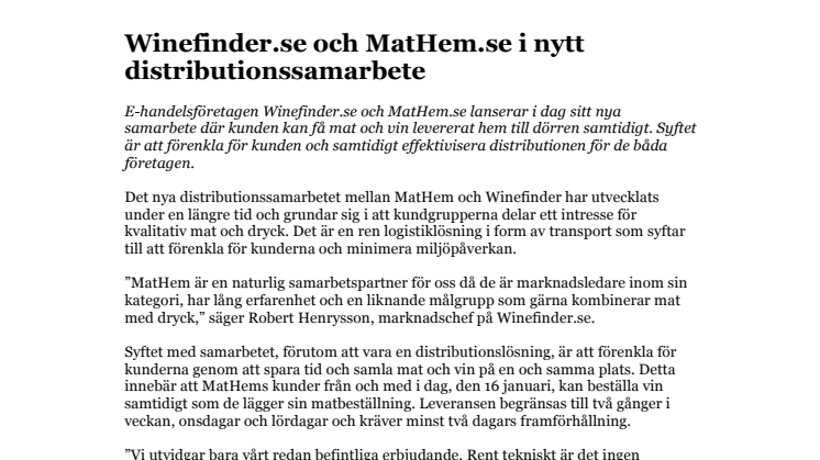 ​Winefinder.se och MatHem.se i nytt distributionssamarbete