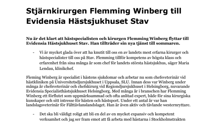 ​Stjärnkirurgen Flemming Winberg till Evidensia Hästsjukhuset Stav
