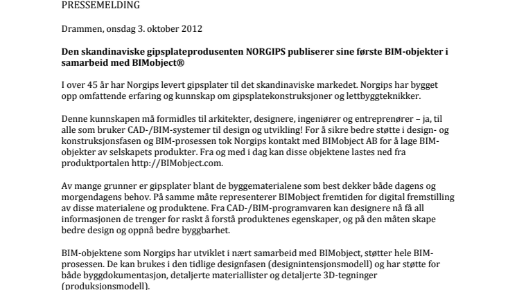 Norgips publiserer sine første BIM-objekter i samarbeid med BIMobject®