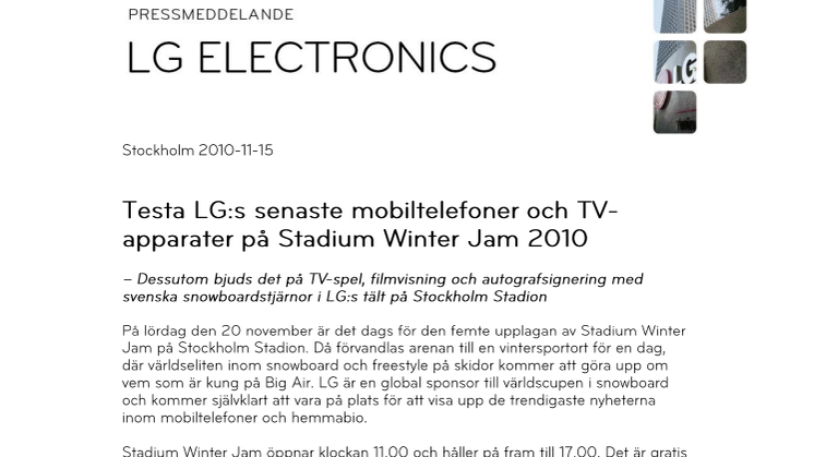 Testa LG:s senaste mobiltelefoner och 3D-TV på Stadium Winter Jam 2010