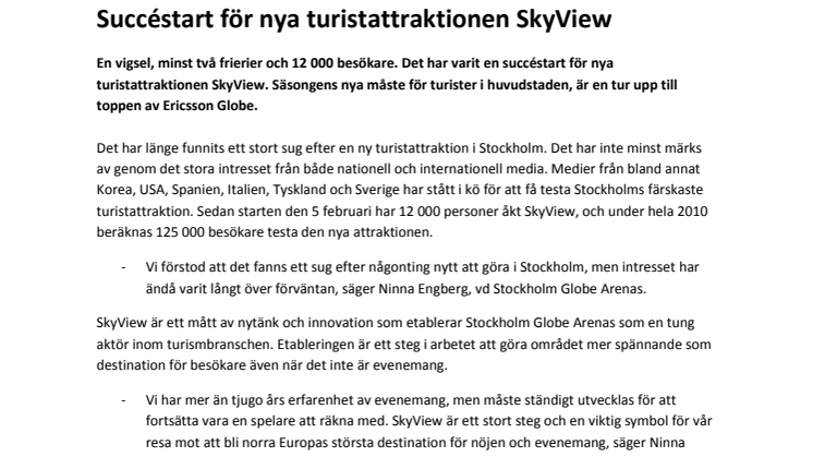 Succéstart för nya turistattraktionen SkyView