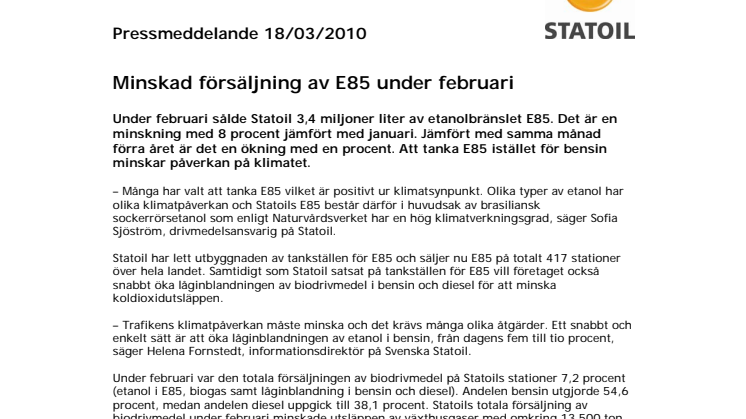 Minskad försäljning av E85 under februari