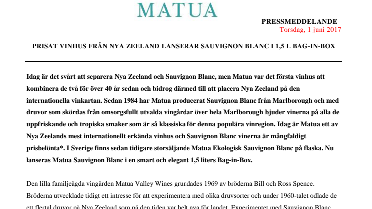 Matua Press Release