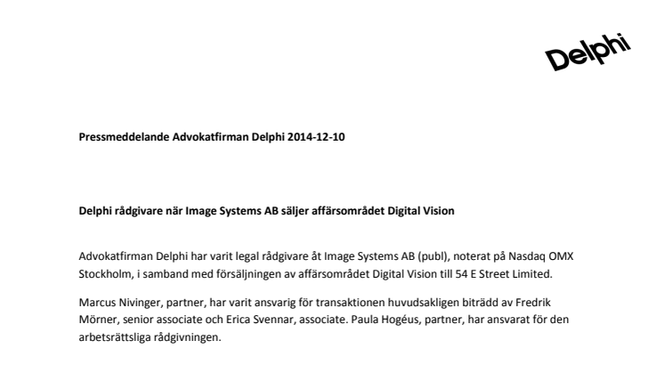 Delphi rådgivare när Image Systems AB säljer affärsområdet Digital Vision
