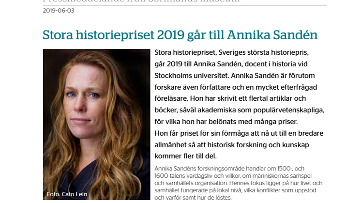 Stora historiepriset 2019 går till Annika Sandén