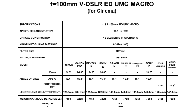 Samyang 100mm T3,1 VDSLR Macro, specifikationer