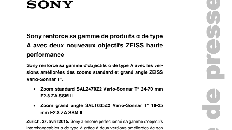 Sony renforce sa gamme de produits α de type A avec deux nouveaux objectifs ZEISS haute performance