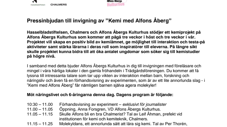 Pressinbjudan till invigning av ”Kemi med Alfons Åberg” 