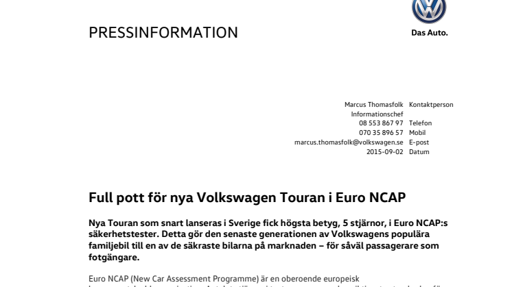 Full pott för nya Volkswagen Touran i Euro NCAP