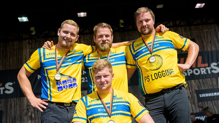 Det svenska landslaget i TIMBERSPORTS® är nordiska mästare 2023. Totalt tog Sverige fyra guld i Nordiska Mästerskapen 2023. Foto: STIHL TIMBERSPORTS®.