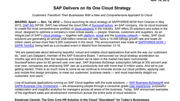 SAP levererar enligt sin One Cloud-strategi