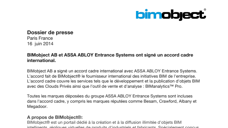 BIMobject AB et ASSA ABLOY Entrance Systems ont signé un accord cadre international