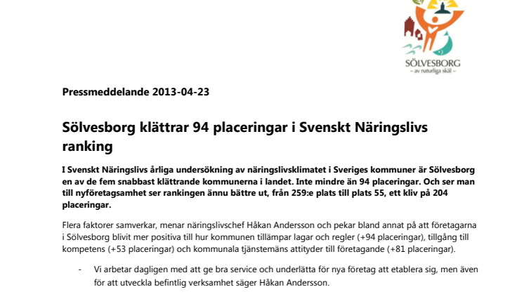 Sölvesborg klättrar 94 placeringar i Svenskt Näringslivs ranking 