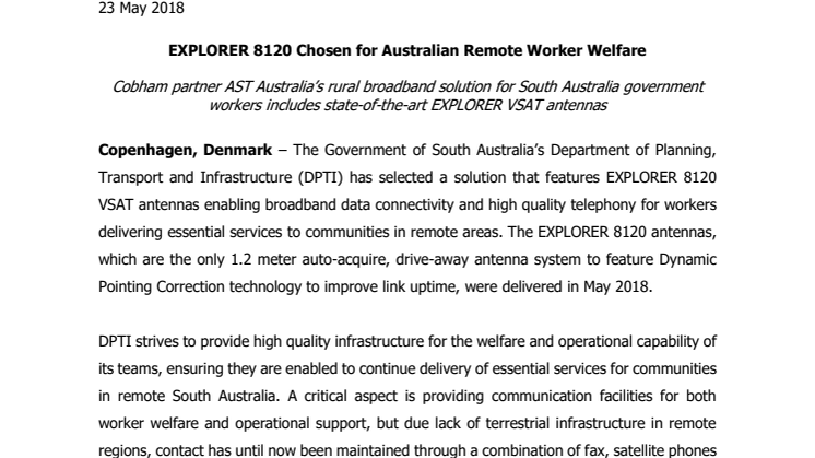 Cobham SATCOM: EXPLORER 8120 Chosen for Australian Remote Worker Welfare 