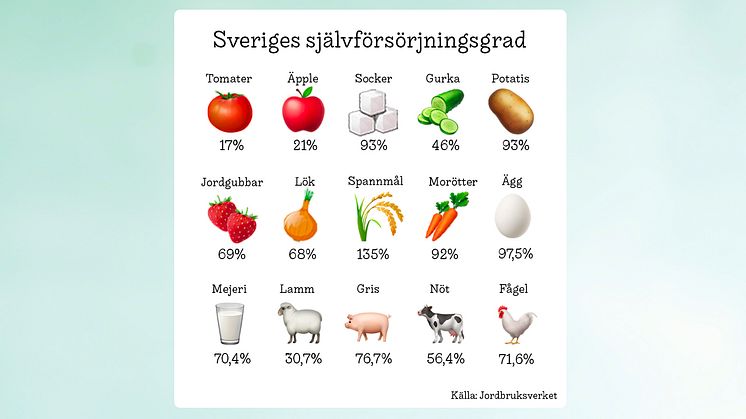 Illustration över Sveriges självförsörjningsgrad. Sifforna avser 2019. Illustrationen finns för nedladdning och utskrift i A4.