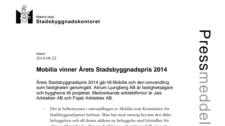 Mobilia vinner Årets Stadsbyggnadspris 2014