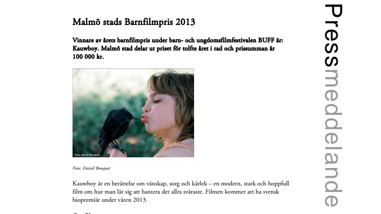 Malmö stads Barnfilmpris 2013