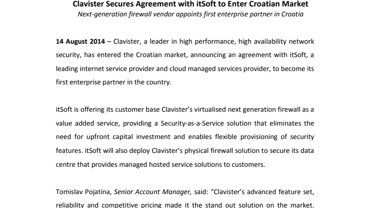 Clavister Secures Agreement with itSoft to Enter Croatian Market