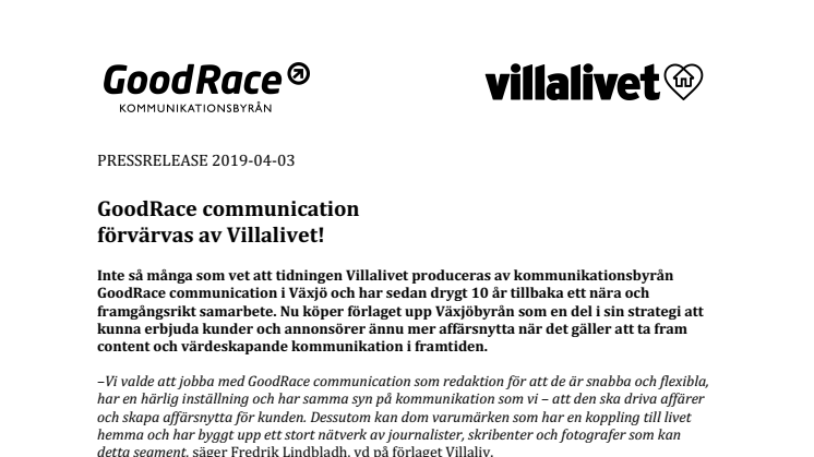 GoodRace communication AB förvärvas av Villalivet!
