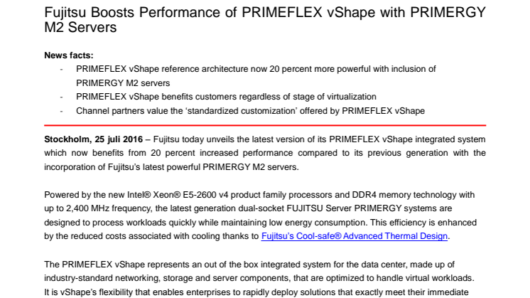 Fujitsu ökar prestandan på PRIMEFLEX vShape med PRIMERGY M2 Servers