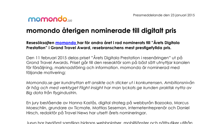 momondo återigen nominerade till digitalt pris